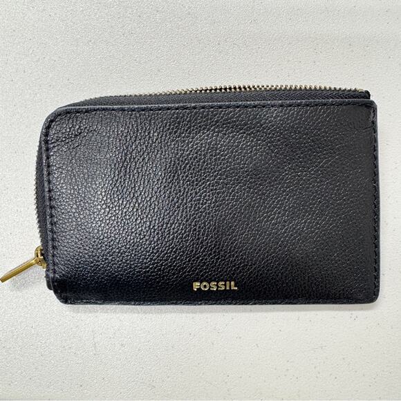 Fossil Black Pebbled Leather Zip Wallet Card Holder Womens Small Classic - Picture 1 of 11